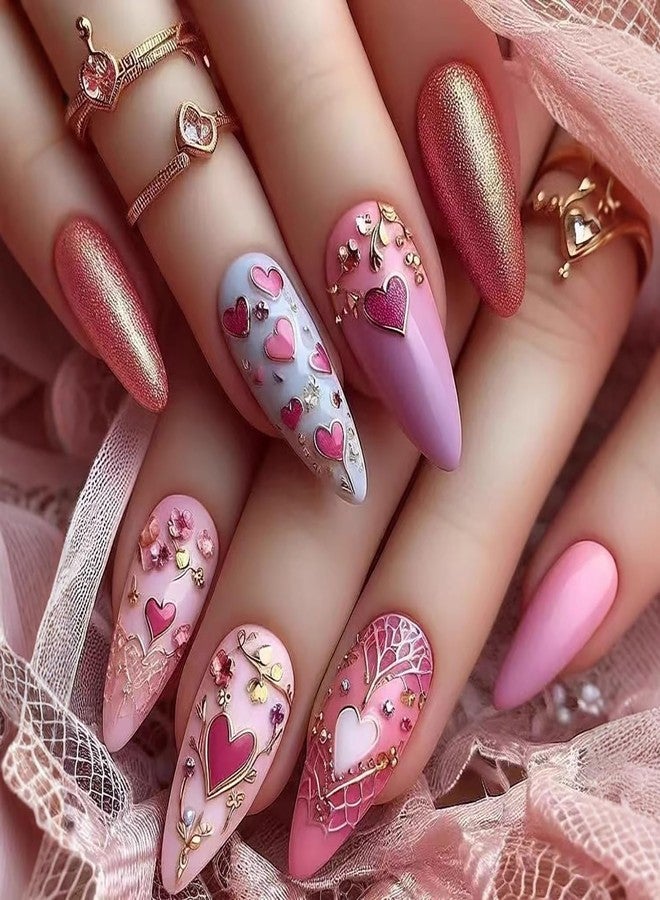 Vopintpy Romantic Valentines Press on Nails Pink Love Heart False Nails Gold Line Design Glue on Nail Glossy Medium Almond Valentines Stick on Nail for Women DIY Manicure - Image 1